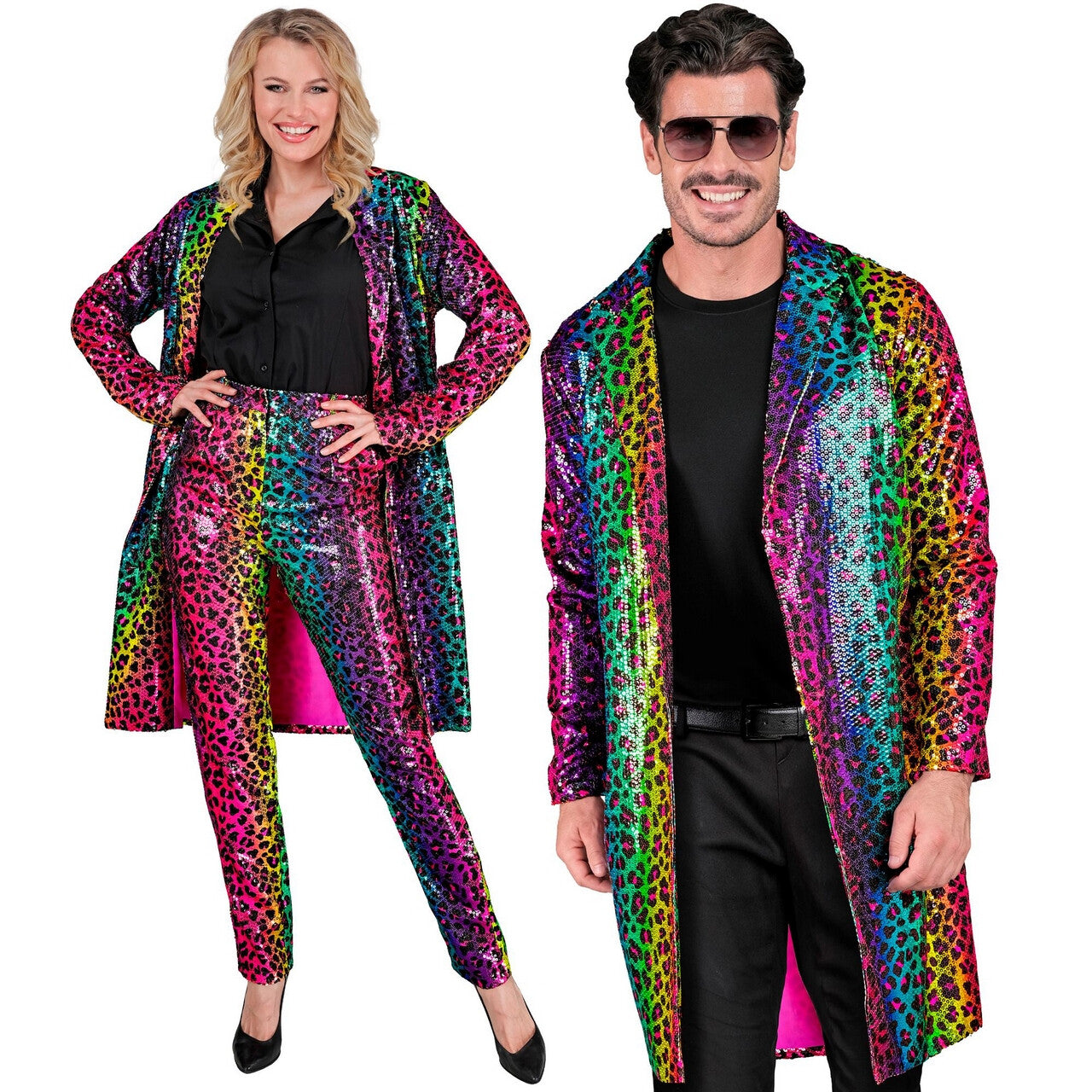 Op deze afbeelding zie je een Kostuums, van het merk Widmann. Pailletten Regenboog Jungle Party Luipaardprint Jas