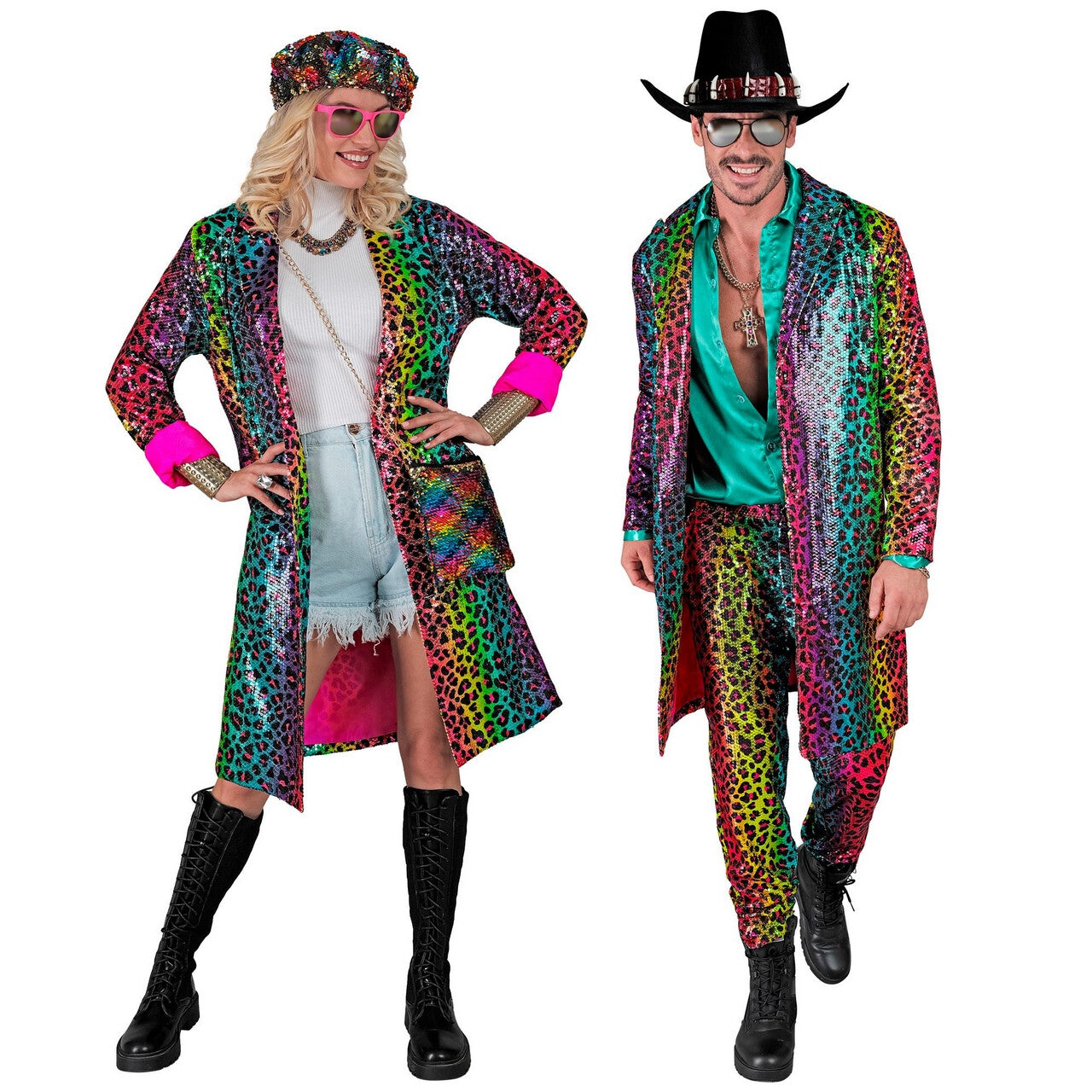 Op deze afbeelding zie je een Kostuums, van het merk Widmann. Pailletten Regenboog Jungle Party Luipaardprint Jas