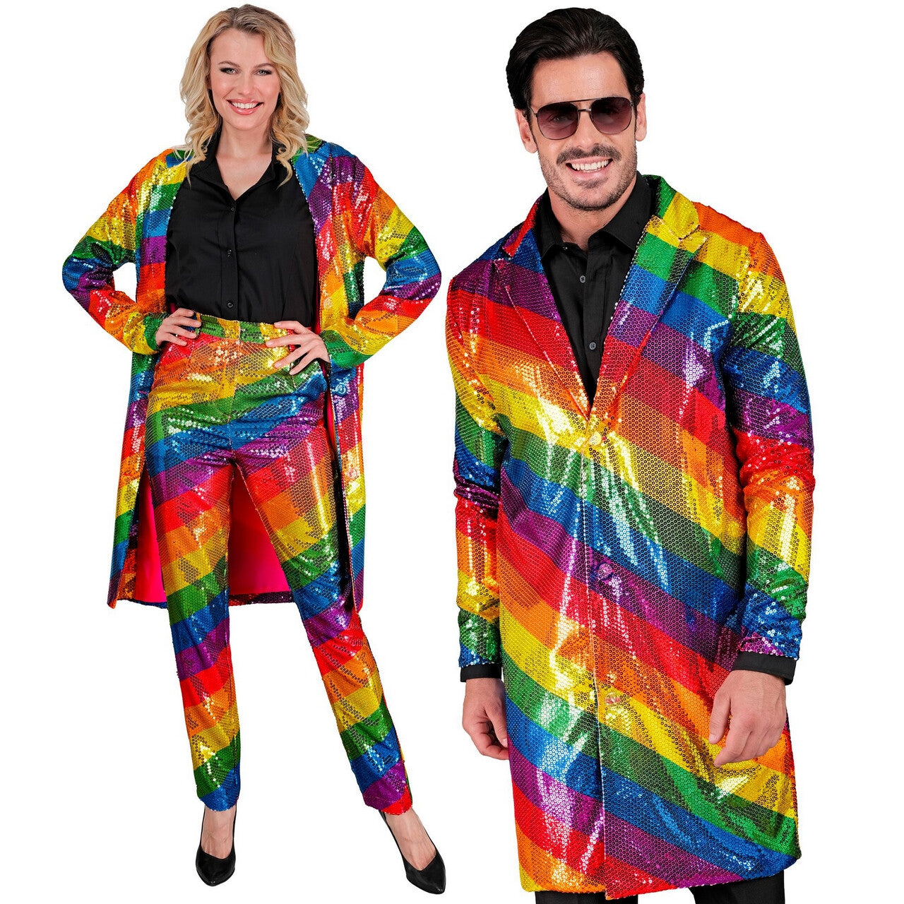 Op deze afbeelding zie je een Kostuums, van het merk Widmann. Pailletten Regenboog Strepen Jas