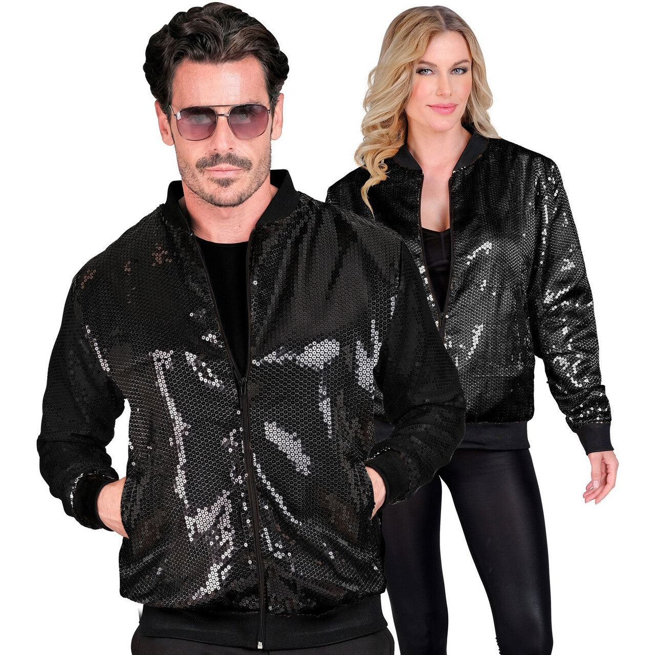 Op deze afbeelding zie je een Kostuums, van het merk Widmann. Bomberjack Pailletten Zwart Black Shimmer