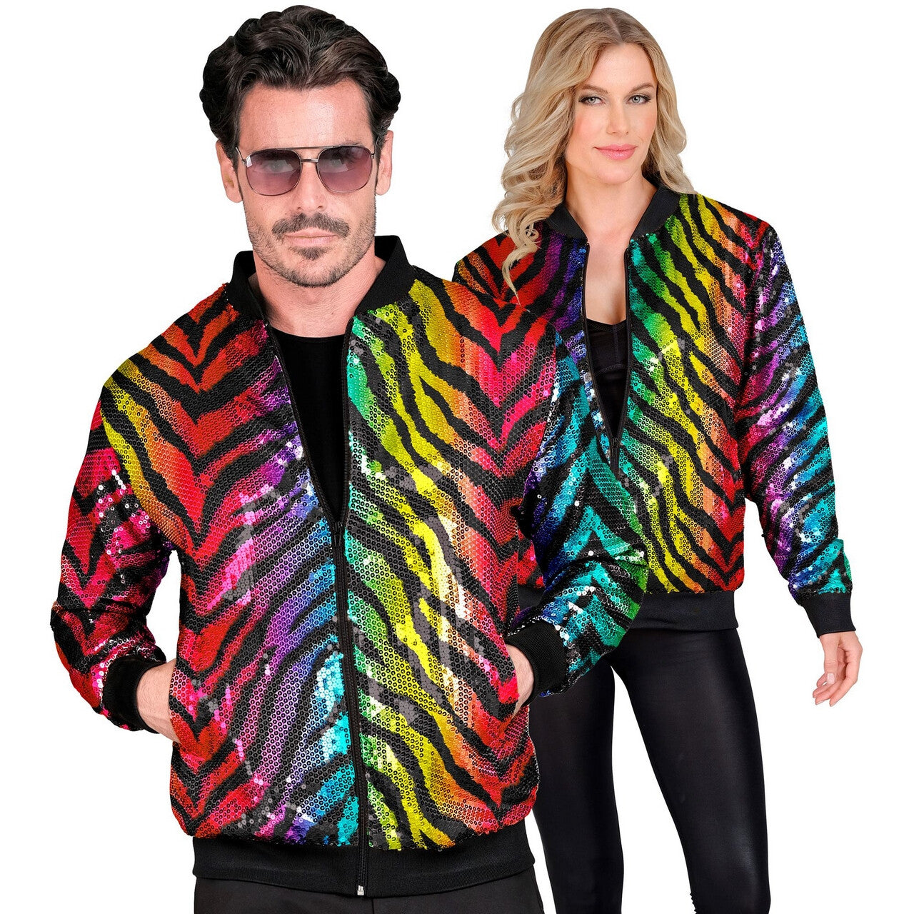 Op deze afbeelding zie je een Kostuums, van het merk Widmann. Bomberjack Rainbow Tiger Pailletten Jas