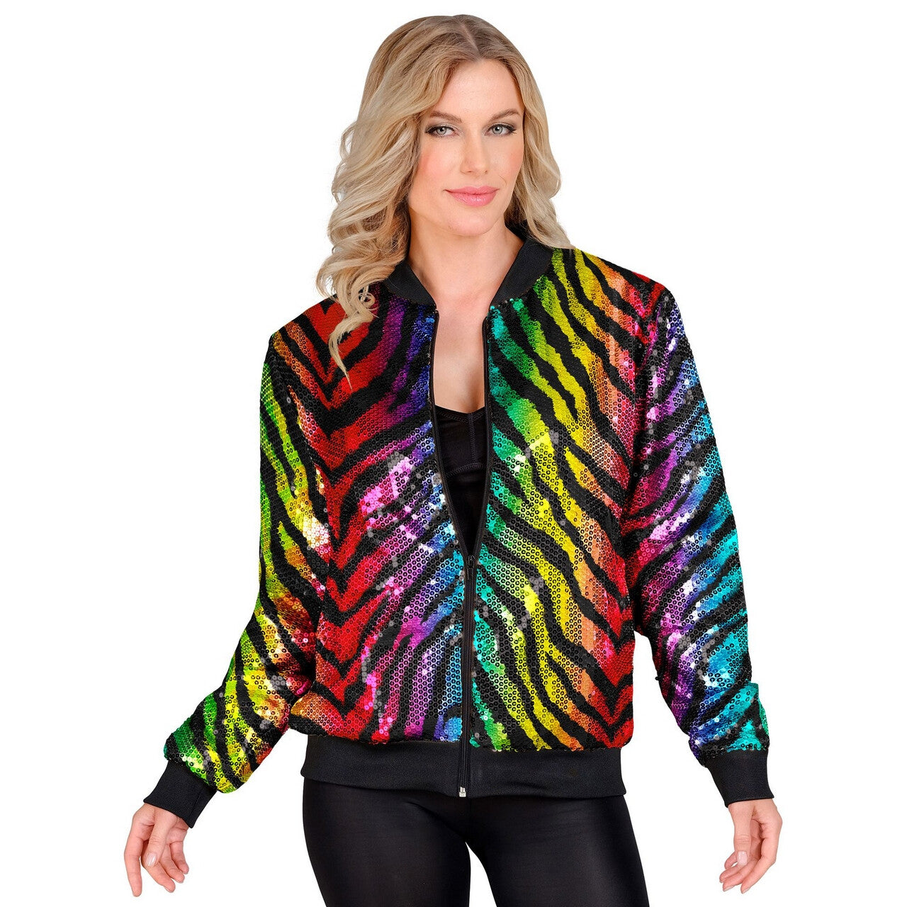 Op deze afbeelding zie je een Kostuums, van het merk Widmann. Bomberjack Rainbow Tiger Pailletten Jas