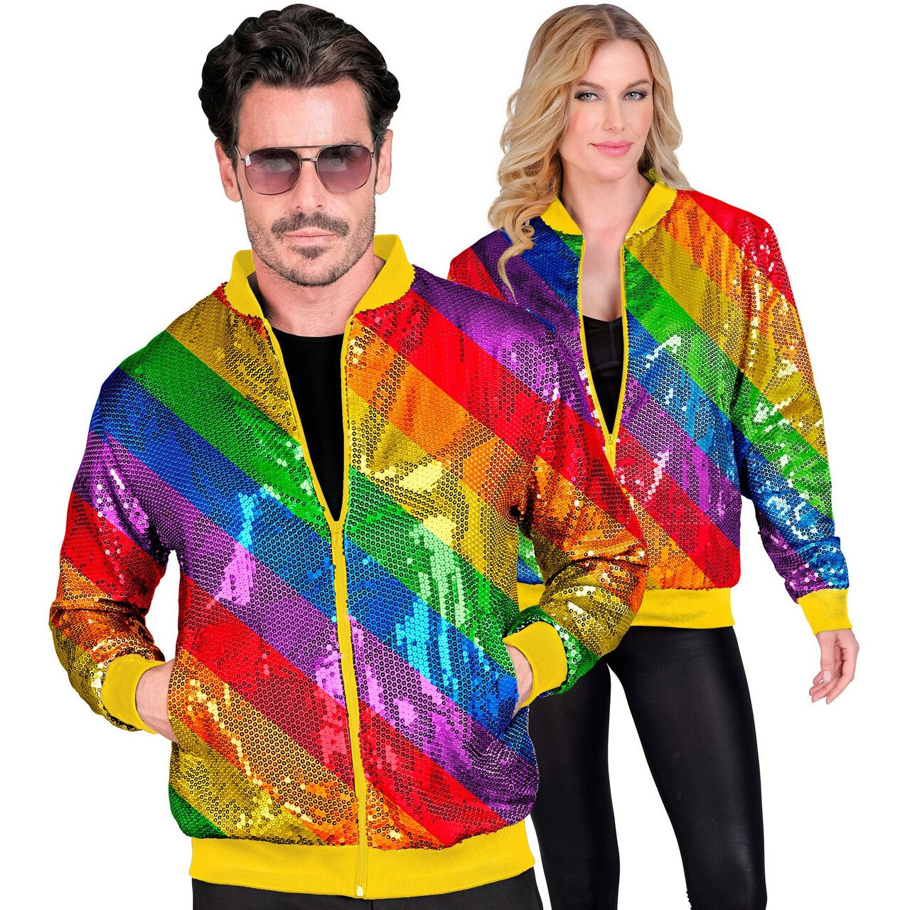 Op deze afbeelding zie je een Kostuums, van het merk Widmann. Bomberjack Regenboog Strepen Jas