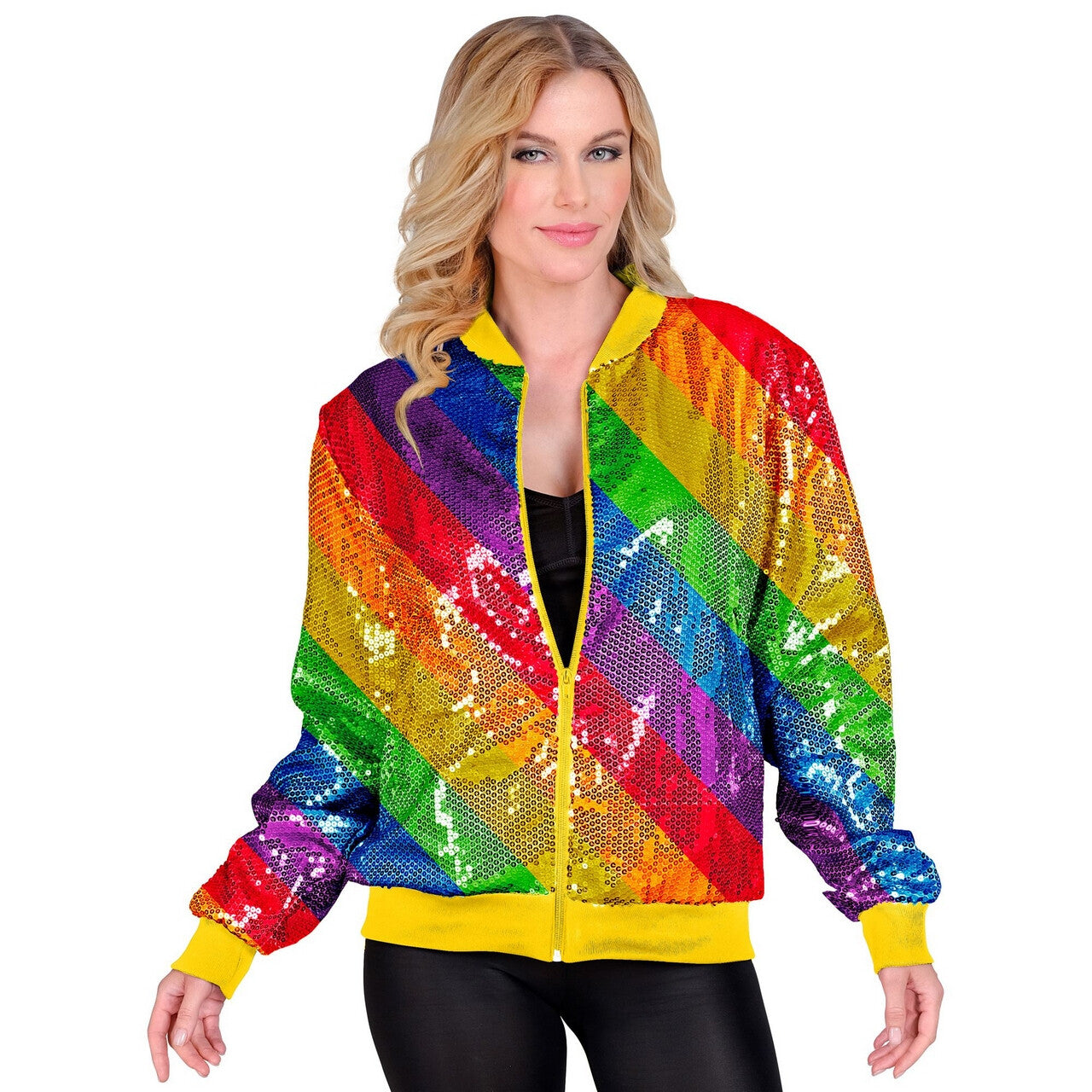 Op deze afbeelding zie je een Kostuums, van het merk Widmann. Bomberjack Regenboog Strepen Jas