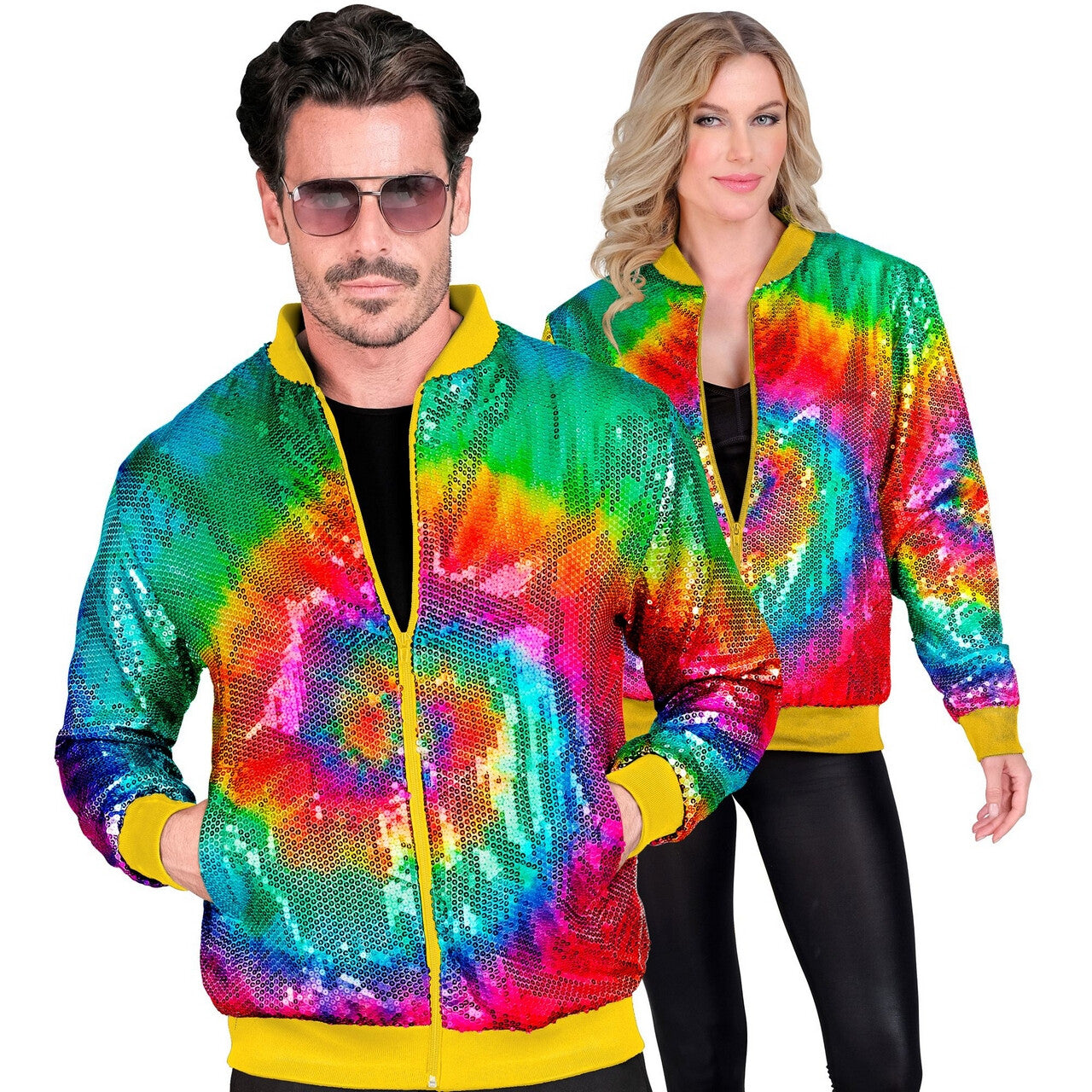 Op deze afbeelding zie je een Kostuums, van het merk Widmann. Bomberjack Hippie Tie Dye Pailletten Jas