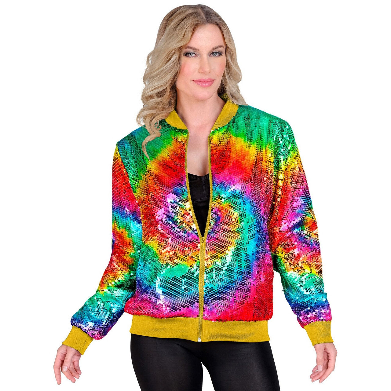 Op deze afbeelding zie je een Kostuums, van het merk Widmann. Bomberjack Hippie Tie Dye Pailletten Jas