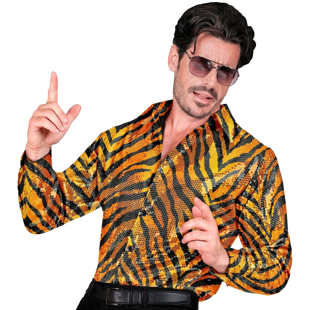 Op deze afbeelding zie je een Kostuums, van het merk Widmann. Pailletten Overhemd Tiger Joe Man