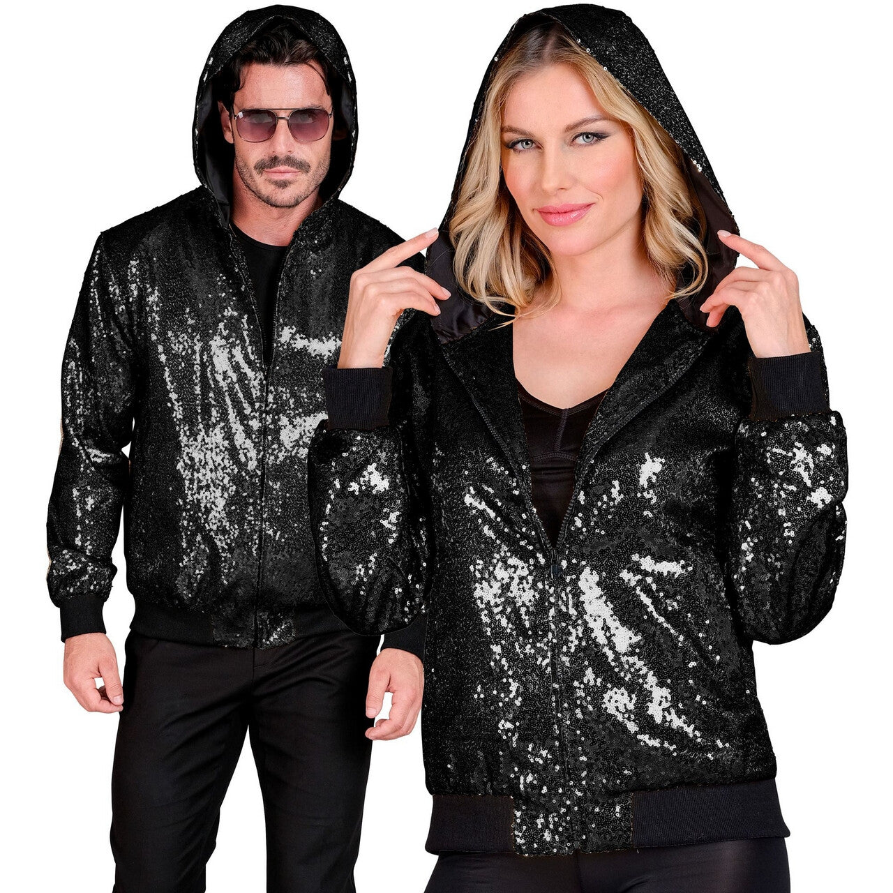 Op deze afbeelding zie je een Kostuums, van het merk Widmann. Zwarte Pailletten Jas Black Sparkle