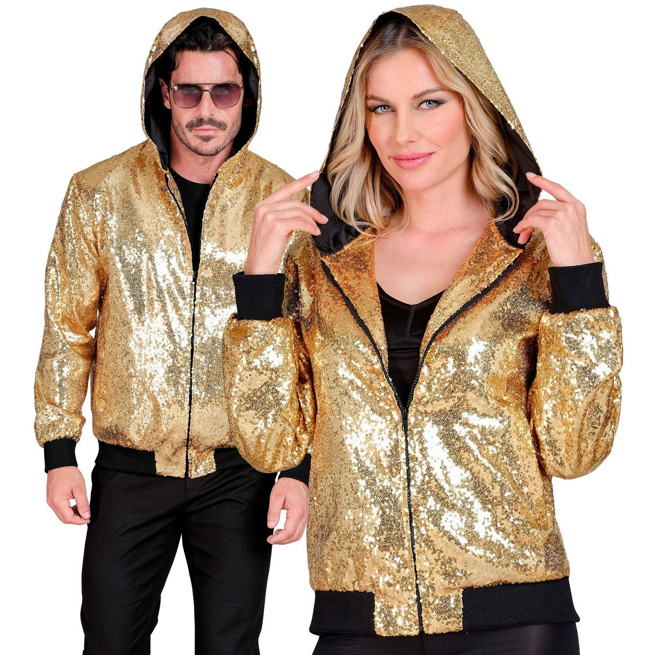 Op deze afbeelding zie je een Kostuums, van het merk Widmann. Pailletten Jas Met Capuchon Goud Fout