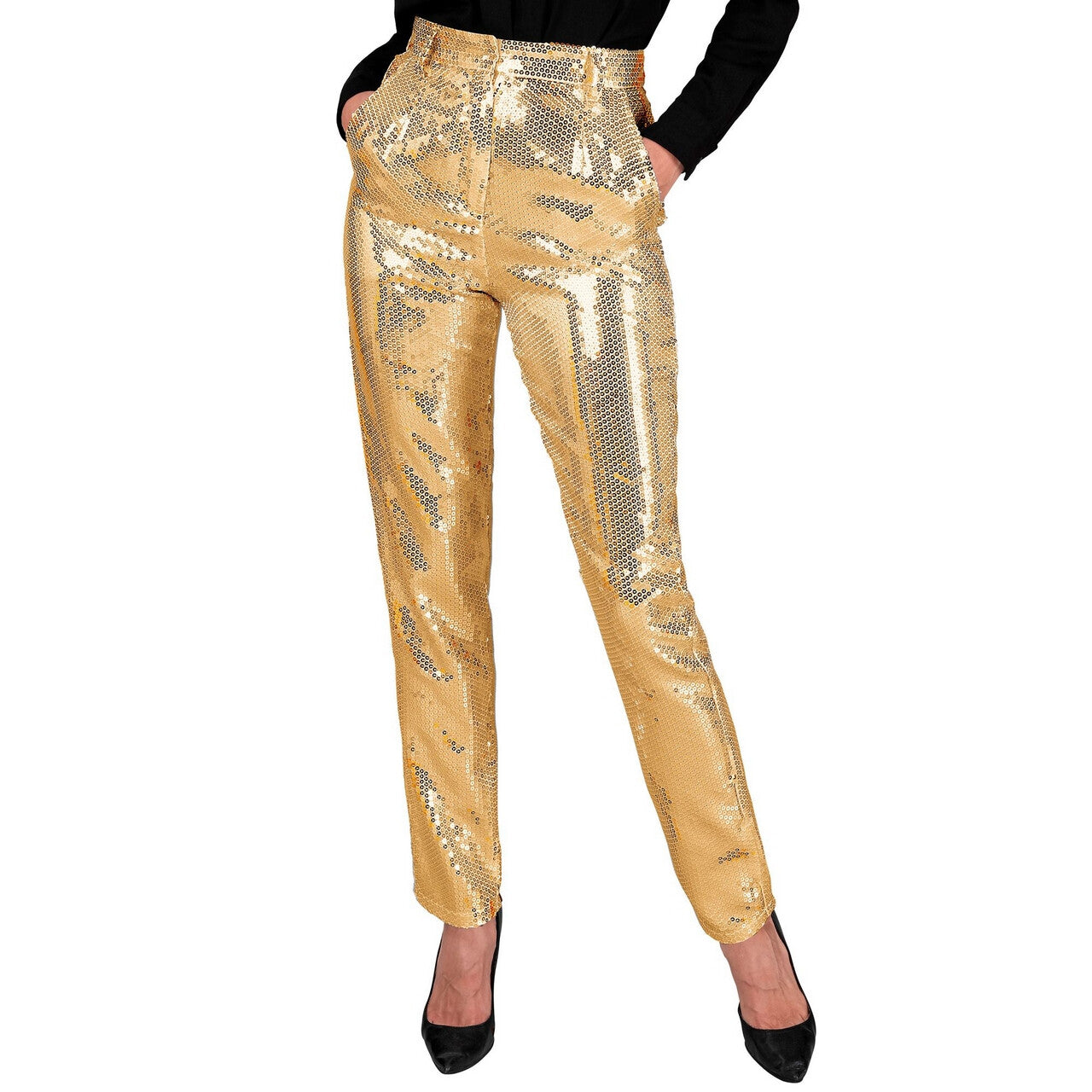 Op deze afbeelding zie je een Kostuums, van het merk Widmann. Pailletten Broek Proud To Be Goud Vrouw