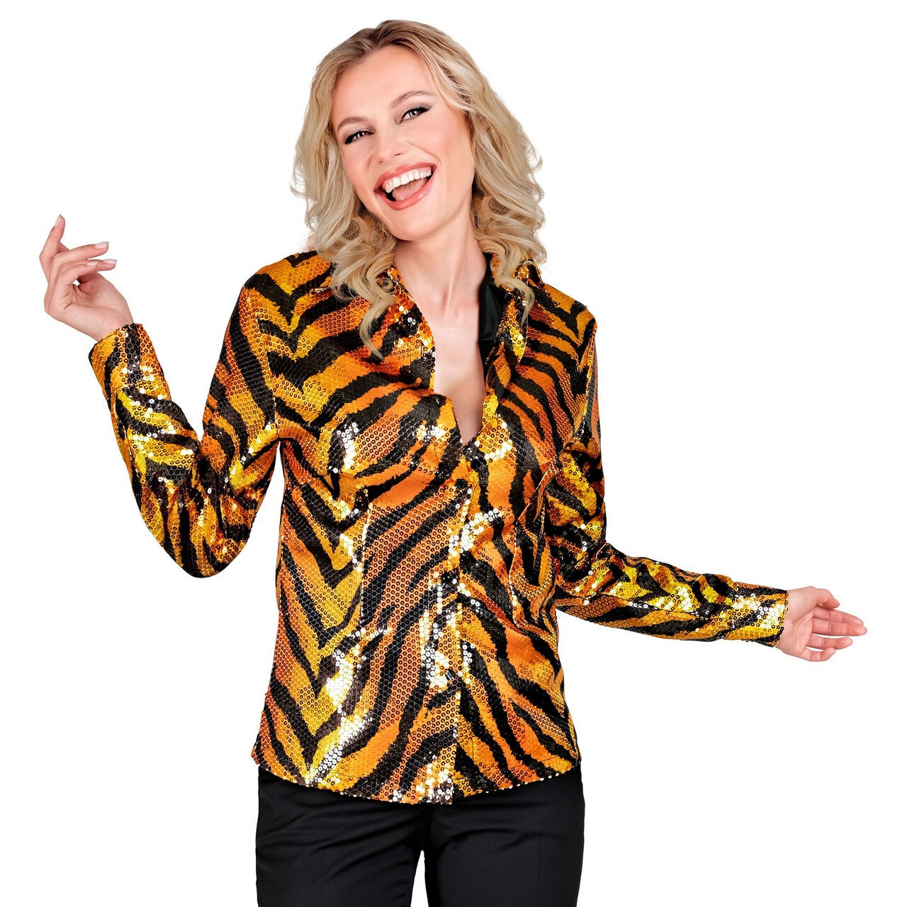 Op deze afbeelding zie je een Kostuums, van het merk Widmann. Pailletten Blouse Tigerwild Vrouw