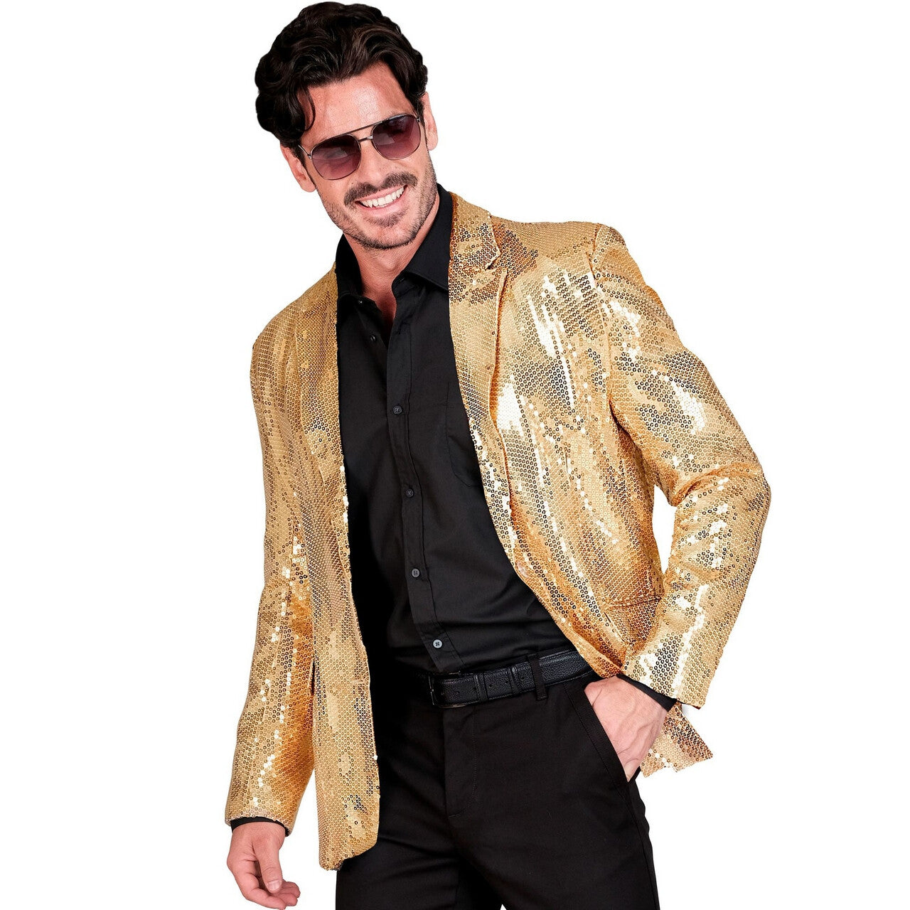 Op deze afbeelding zie je een Kostuums, van het merk Widmann. Pailletten Colbert Funky Showmaster Goud Man