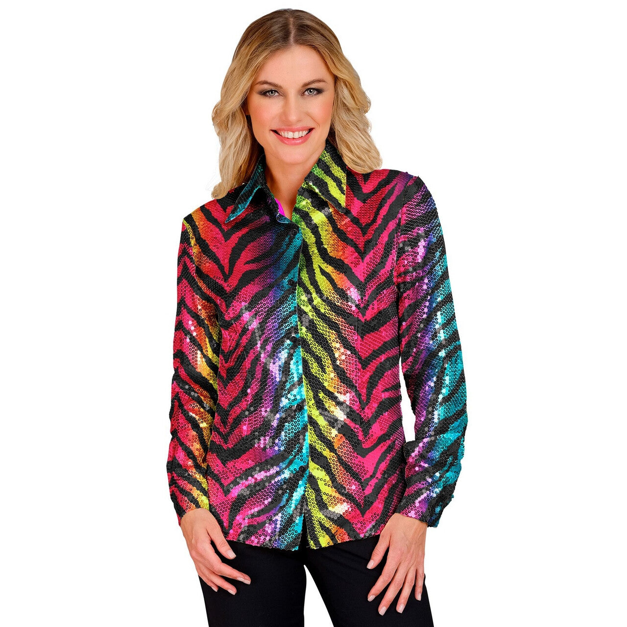 Op deze afbeelding zie je een Kostuums, van het merk Widmann. Pailletten Blouse Mega Foute Regenboog Tijger Vrouw