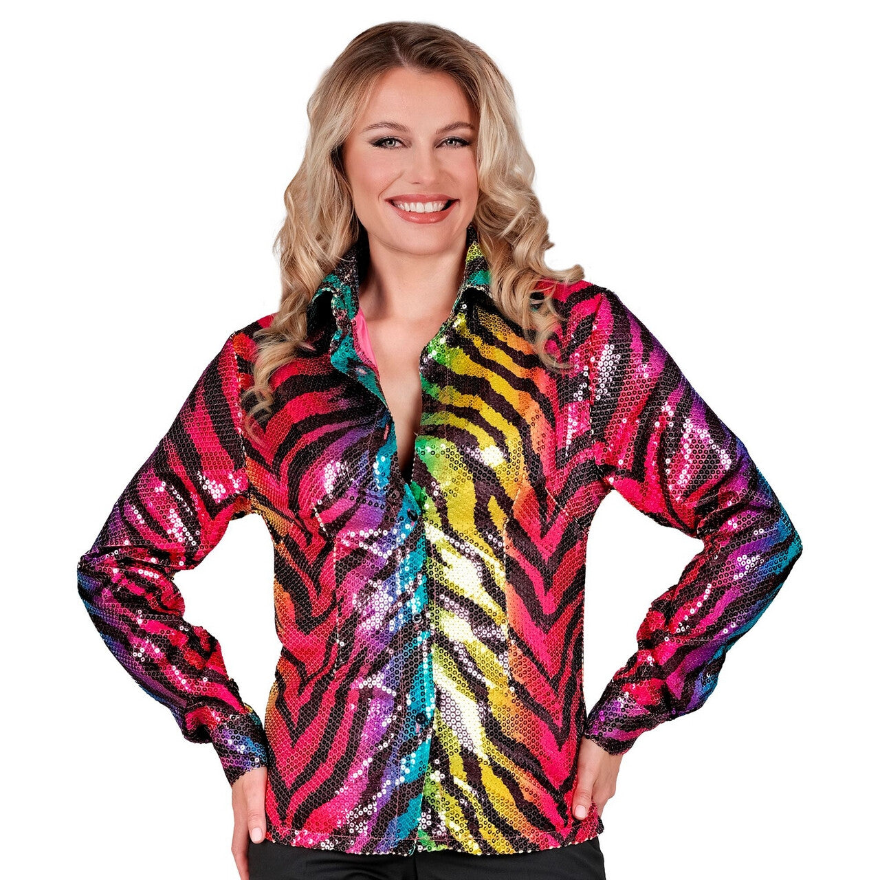 Op deze afbeelding zie je een Kostuums, van het merk Widmann. Pailletten Blouse Mega Foute Regenboog Tijger Vrouw