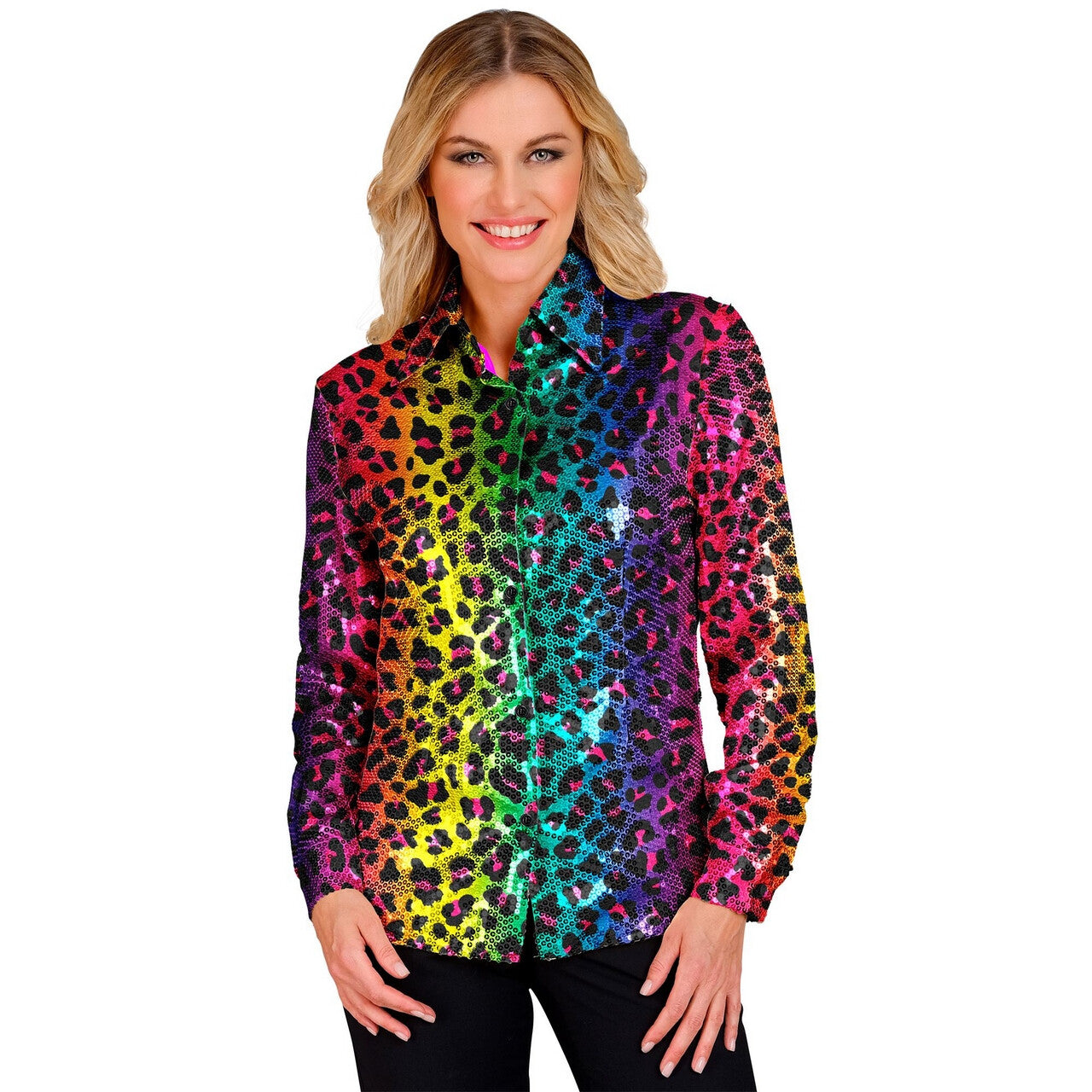 Op deze afbeelding zie je een Kostuums, van het merk Widmann. Ultrafoute Pailletten Blouse Rainbow Luipaard Vrouw