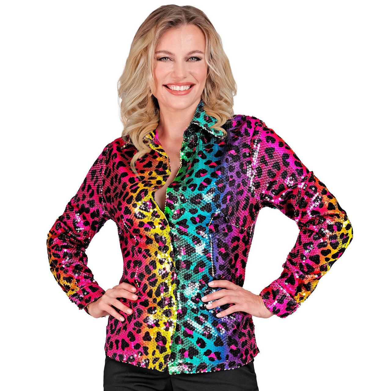 Op deze afbeelding zie je een Kostuums, van het merk Widmann. Ultrafoute Pailletten Blouse Rainbow Luipaard Vrouw