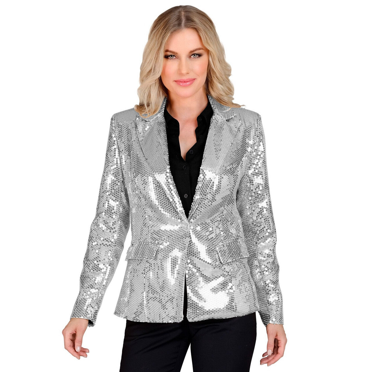 Op deze afbeelding zie je een Kostuums, van het merk Widmann. Pailletten Party Blazer Silly Silver Vrouw