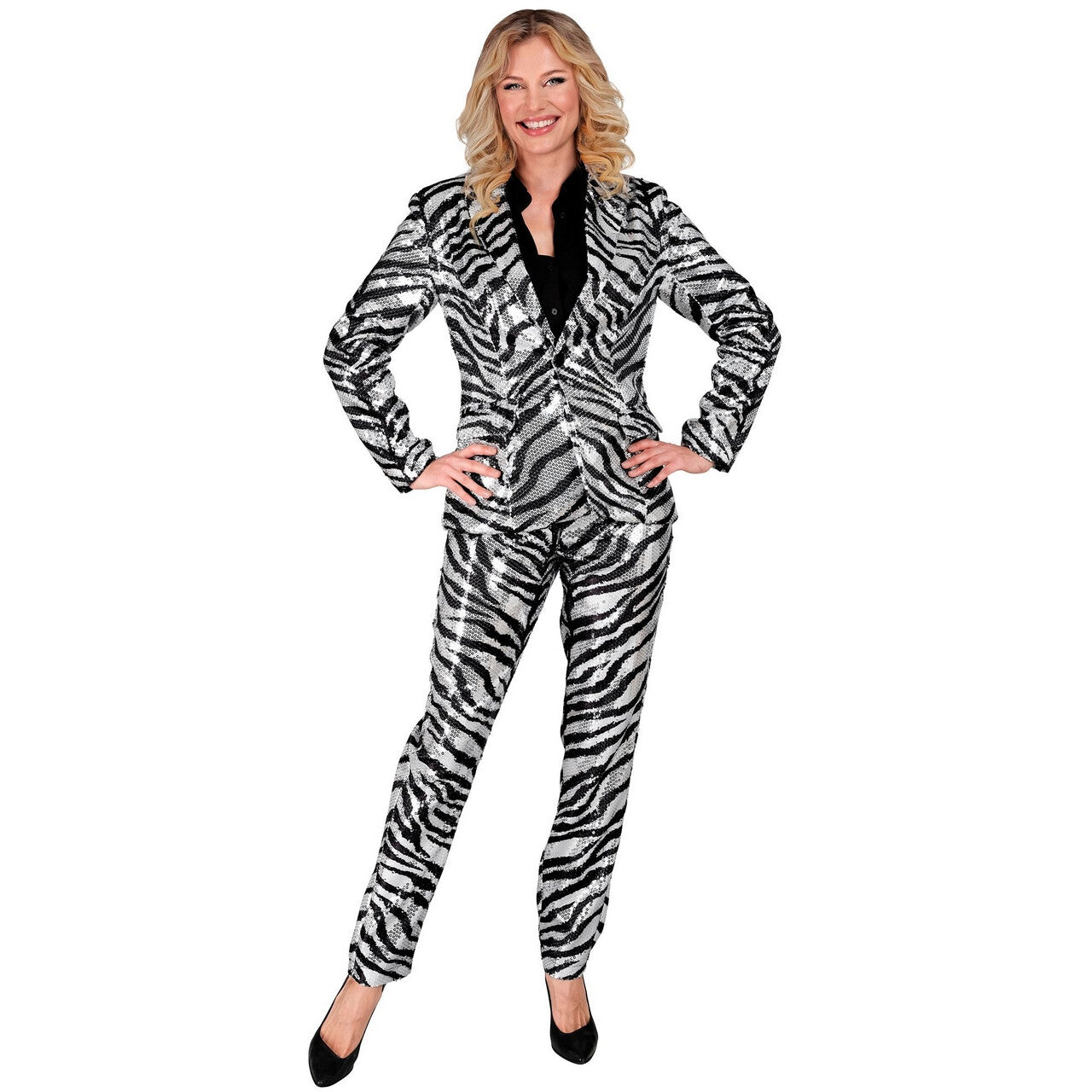 Op deze afbeelding zie je een Kostuums, van het merk Widmann. Pailletten Broek Zilver Zwart Zebra Strepen Vrouw