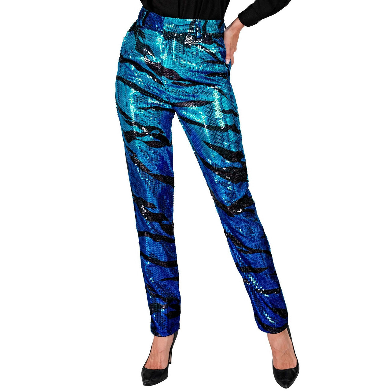 Op deze afbeelding zie je een Kostuums, van het merk Widmann. Pailletten Broek Avator Blue Waves Vrouw