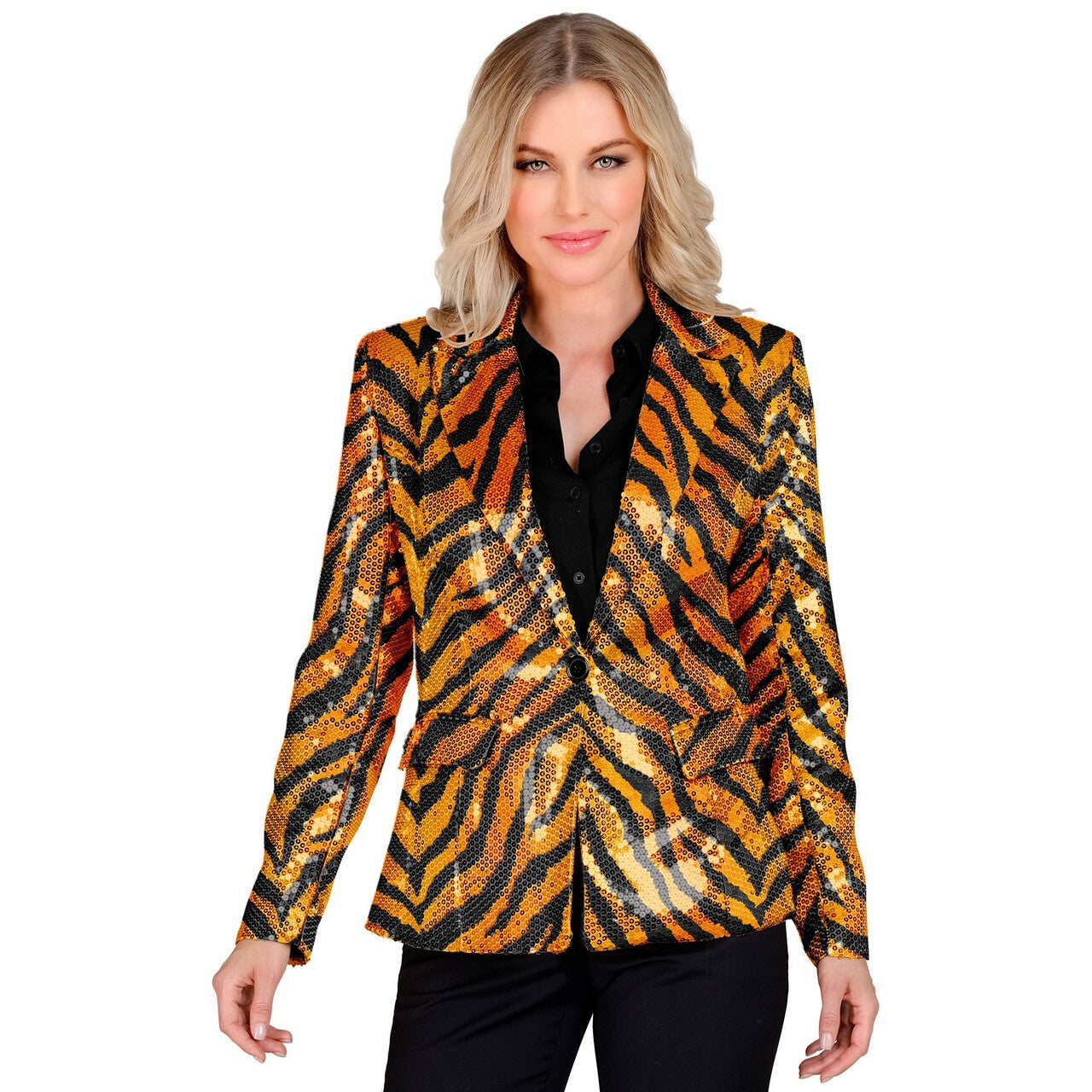 Op deze afbeelding zie je een Kostuums, van het merk Widmann. Pailletten Blazer Big Cat Tigerlove Vrouw