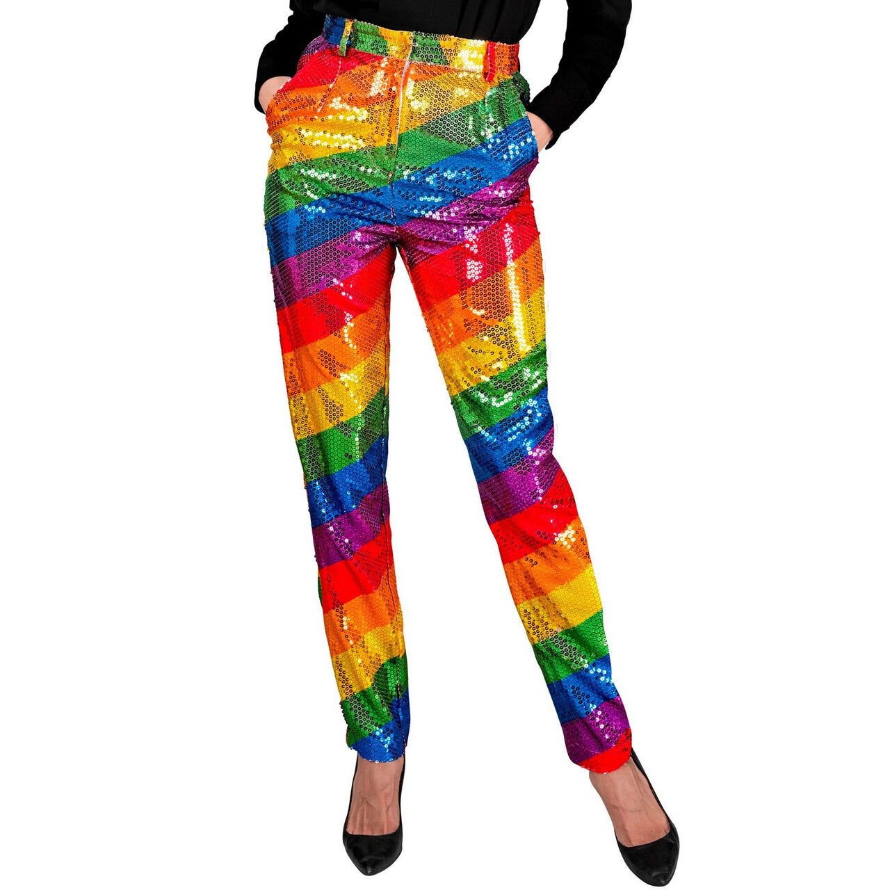 Op deze afbeelding zie je een Kostuums, van het merk Widmann. Pailletten Broek Fine Stripe Regenboog Vrouw