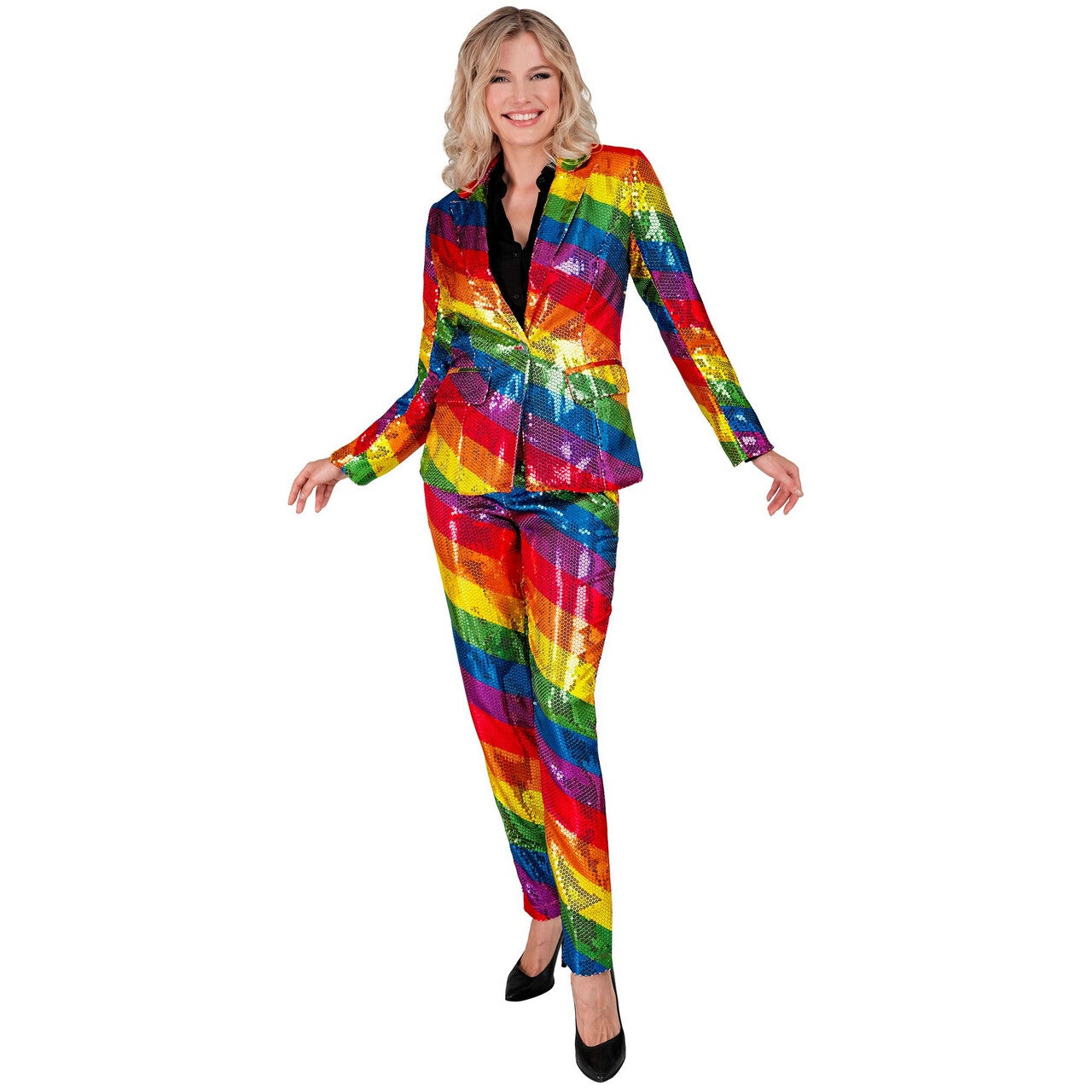Op deze afbeelding zie je een Kostuums, van het merk Widmann. Pailletten Broek Fine Stripe Regenboog Vrouw