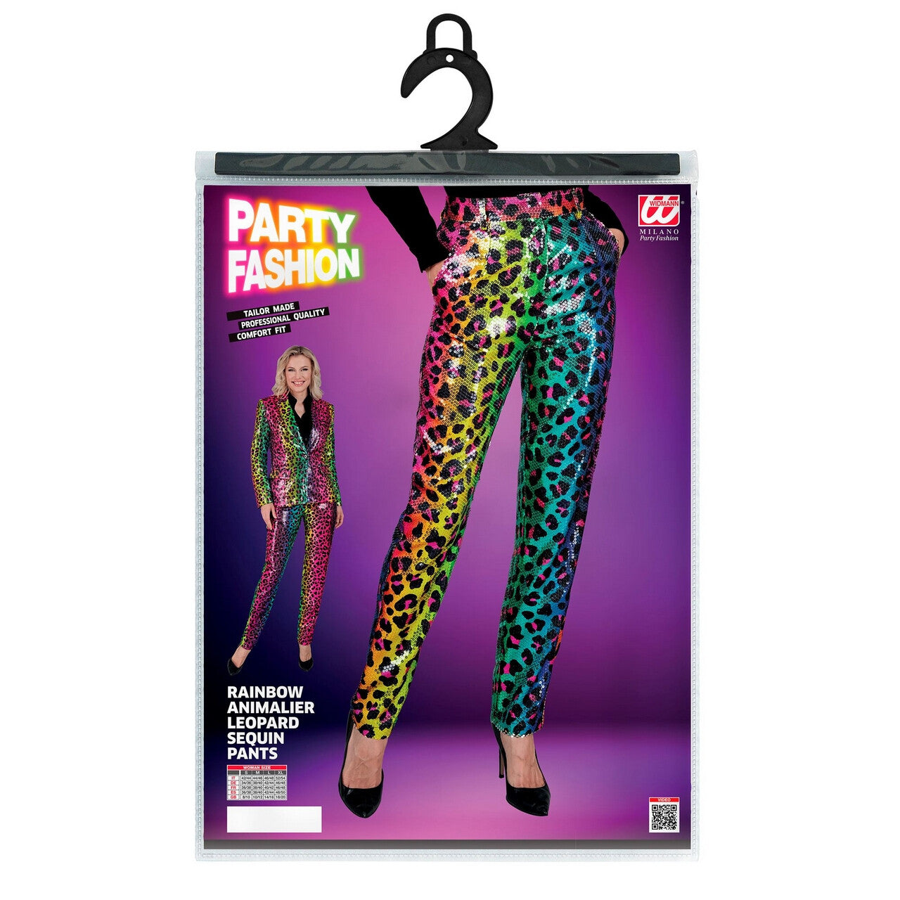 Op deze afbeelding zie je een Kostuums, van het merk Widmann. Pailletten Foute Broek Regenboog Luipaard Vrouw