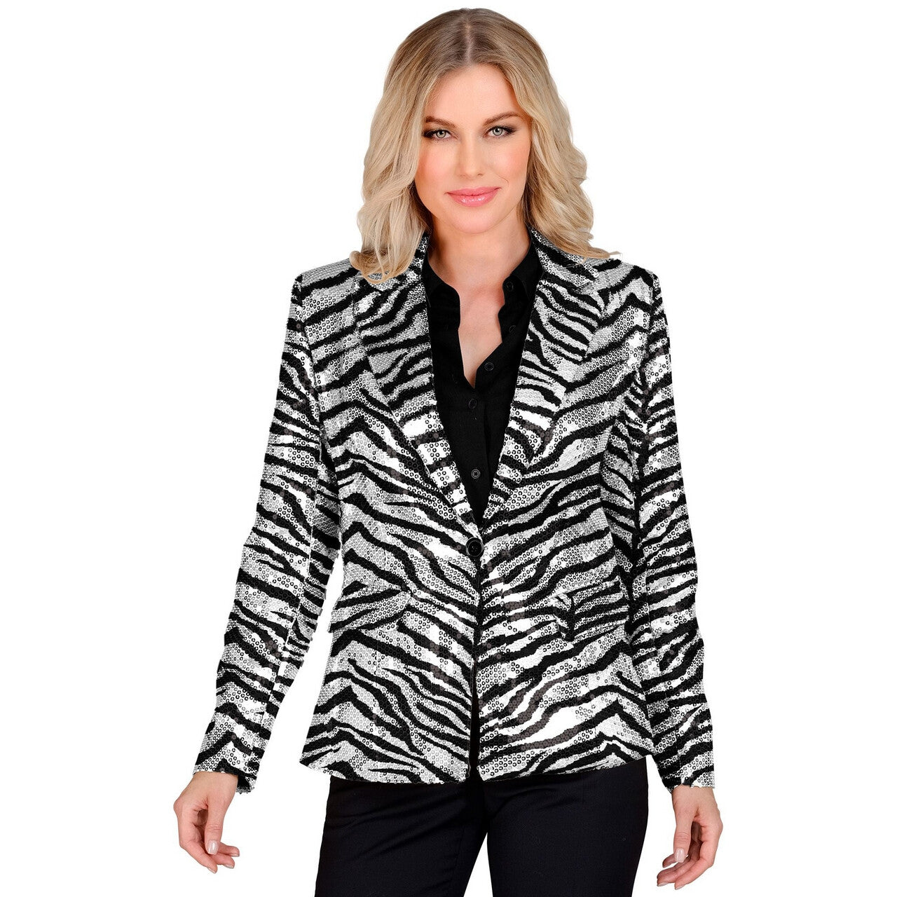 Op deze afbeelding zie je een Kostuums, van het merk Widmann. Pailletten Blazer Zebra Zilver Glamour Vrouw Kostuum