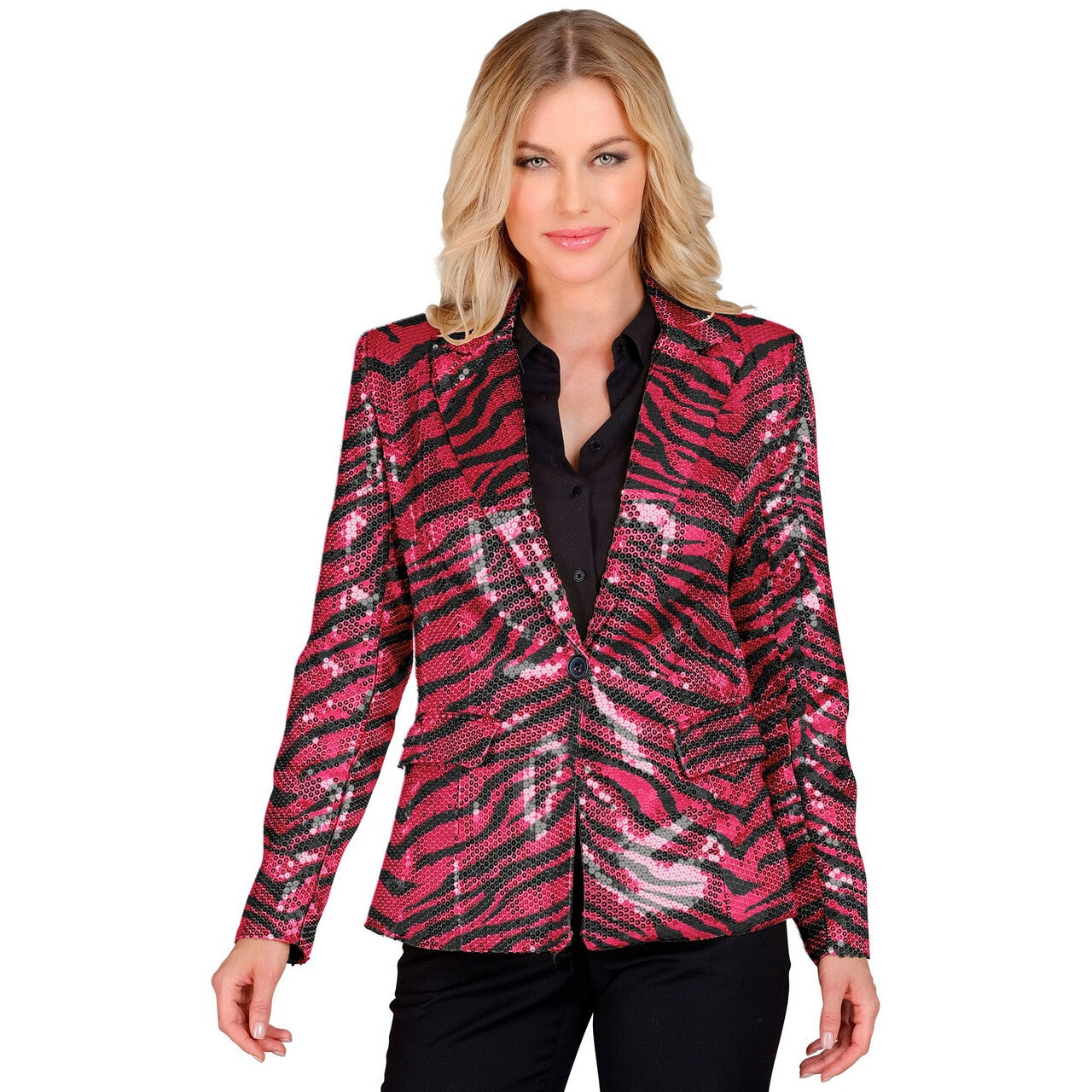 Op deze afbeelding zie je een Kostuums, van het merk Widmann. Pailletten Blazer Glamour Roze Safari Print Vrouw