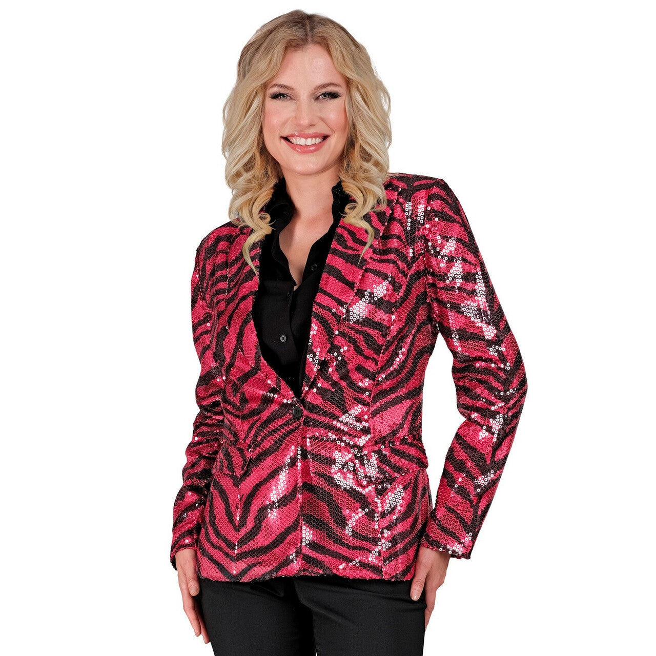 Op deze afbeelding zie je een Kostuums, van het merk Widmann. Pailletten Blazer Glamour Roze Safari Print Vrouw