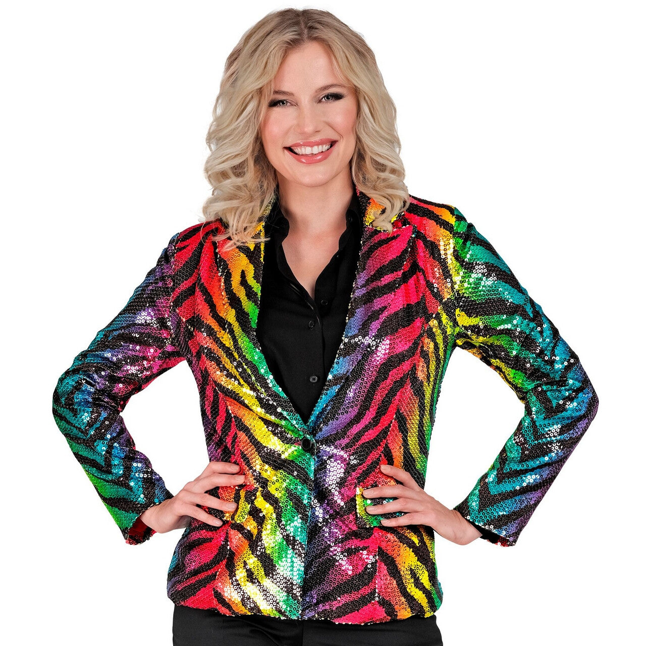 Op deze afbeelding zie je een Kostuums, van het merk Widmann. Pailletten Blazer Crazy Rainbow Stripes Vrouw