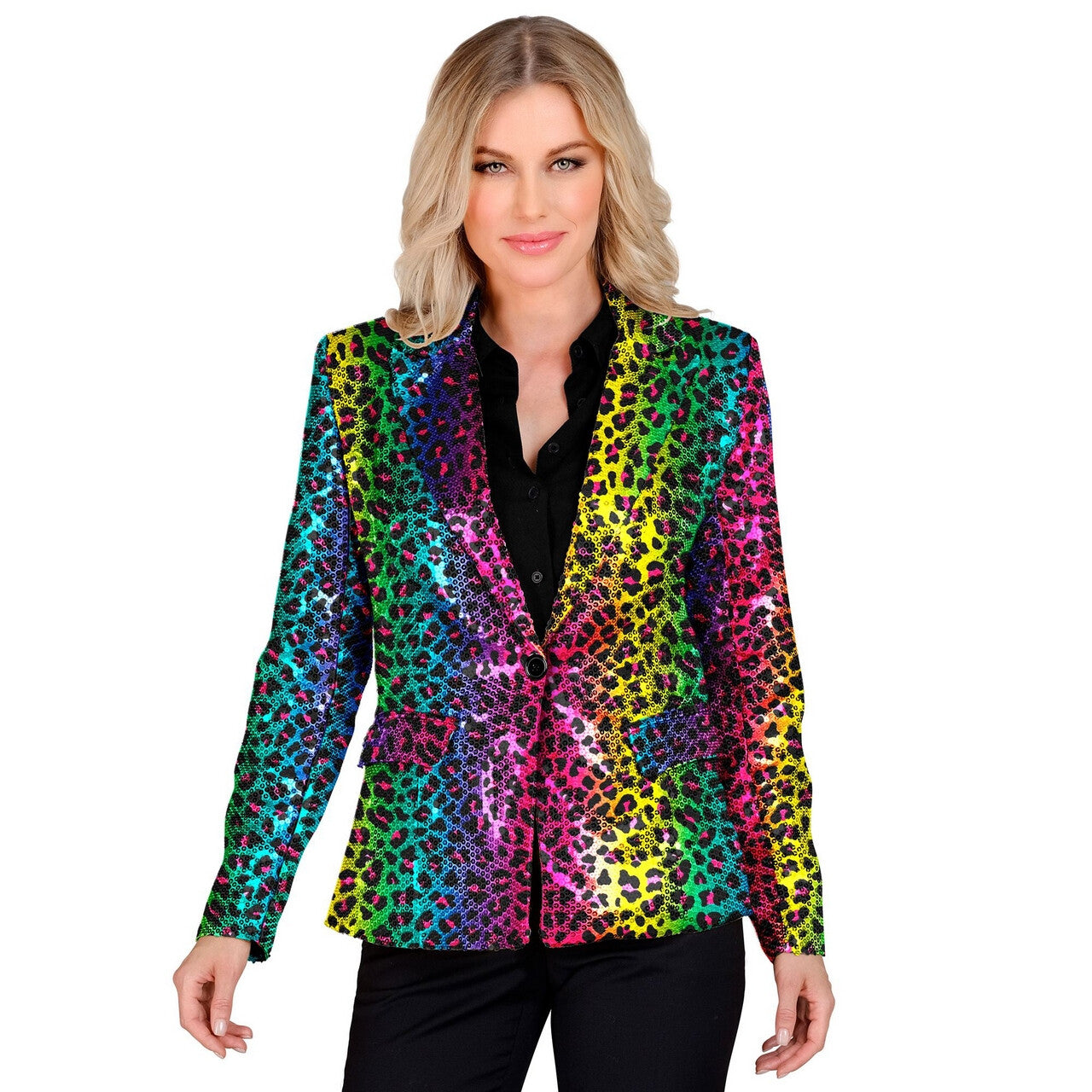 Op deze afbeelding zie je een Kostuums, van het merk Widmann. Pailletten Blazer Regenboog Jungle Fun Vrouw