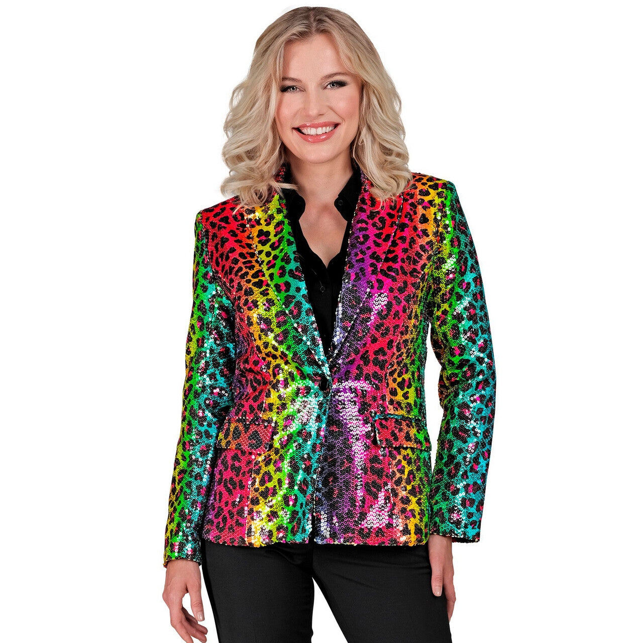 Op deze afbeelding zie je een Kostuums, van het merk Widmann. Pailletten Blazer Regenboog Jungle Fun Vrouw
