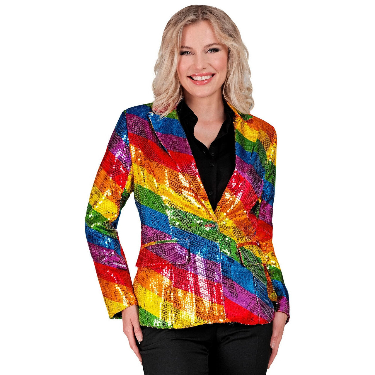 Op deze afbeelding zie je een Kostuums, van het merk Widmann. Pailletten Blazer Regenboog Strepen Vrouw