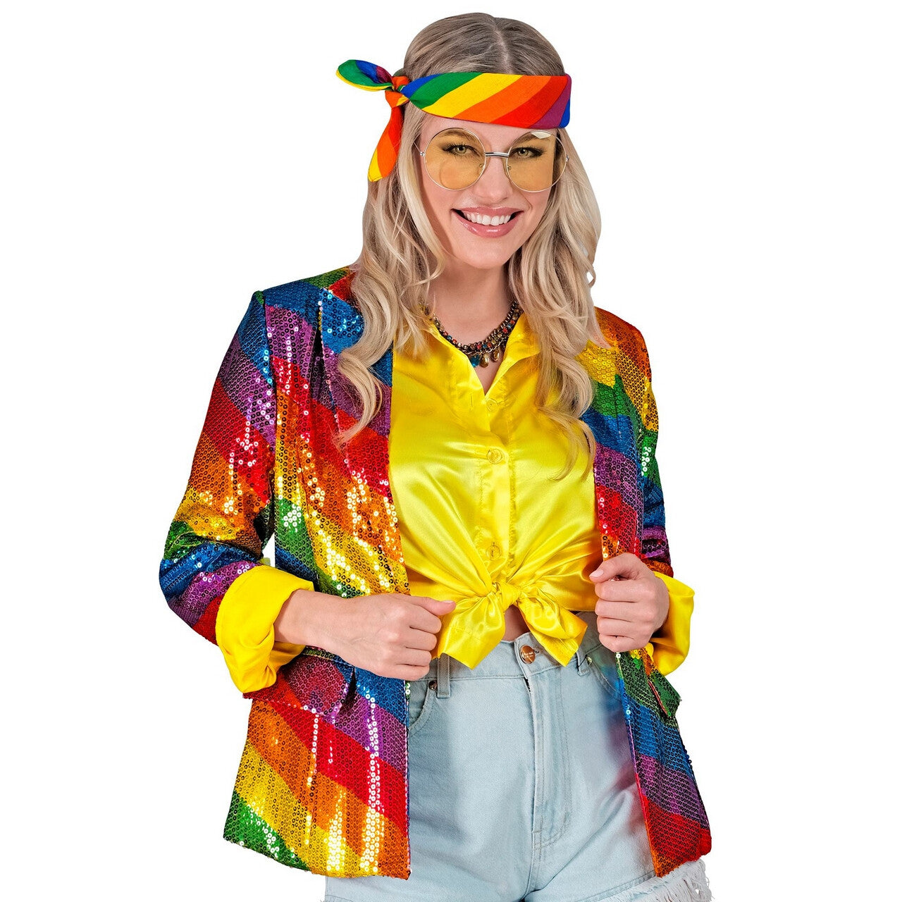 Op deze afbeelding zie je een Kostuums, van het merk Widmann. Pailletten Blazer Regenboog Strepen Vrouw