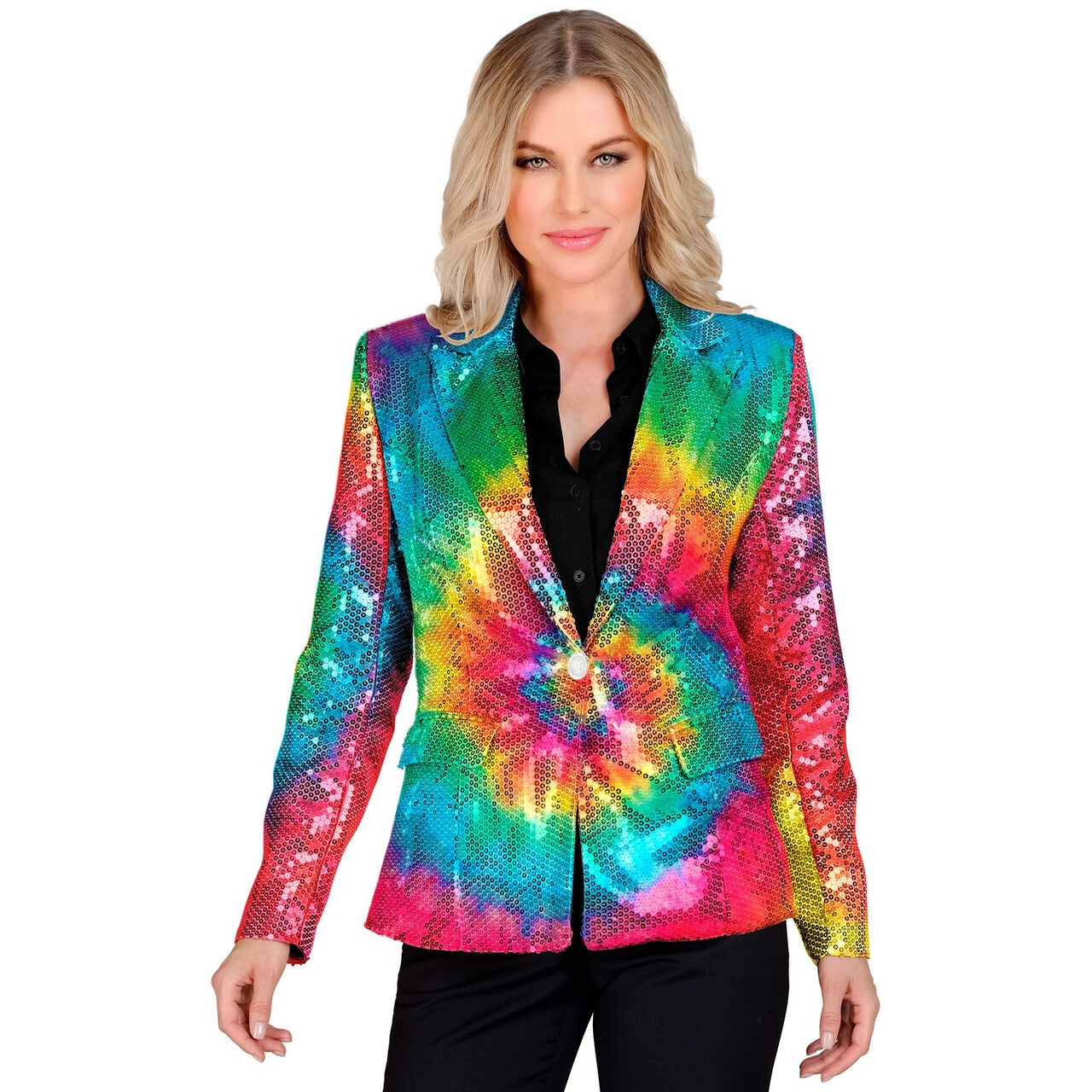 Op deze afbeelding zie je een Kostuums, van het merk Widmann. Pailletten Blazer Hippie Fun Circles Vrouw