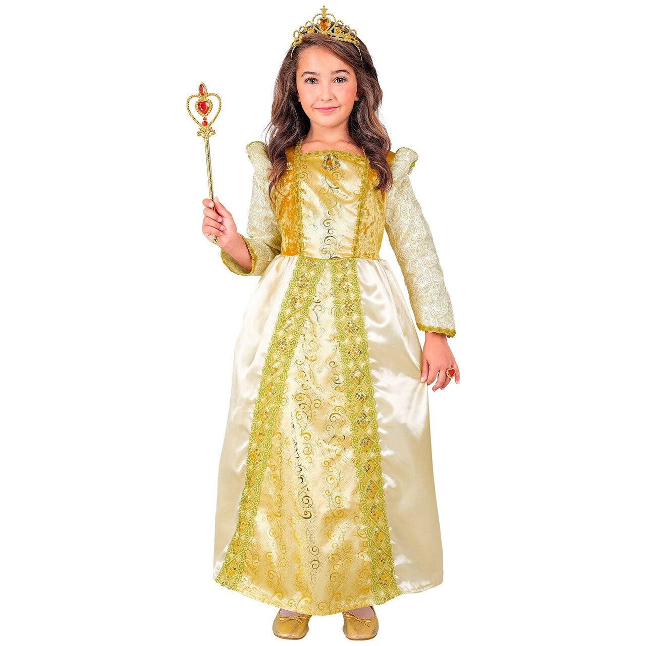 Op deze afbeelding zie je een Kostuums, van het merk Widmann. Wonderschone Prinses Goldy Meisje Kostuum