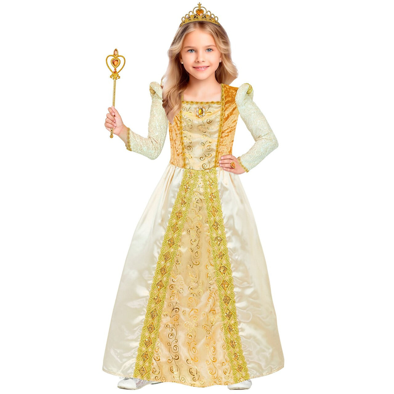 Op deze afbeelding zie je een Kostuums, van het merk Widmann. Wonderschone Prinses Goldy Meisje Kostuum