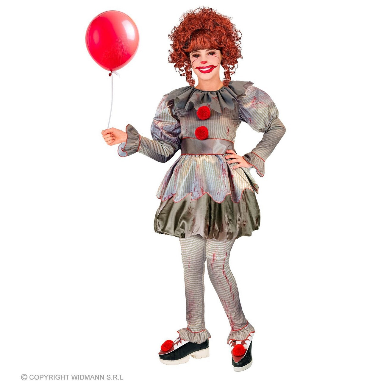 Op deze afbeelding zie je een Kostuums, van het merk Widmann. Moordende Clown Wijze Penny Meisje Kostuum