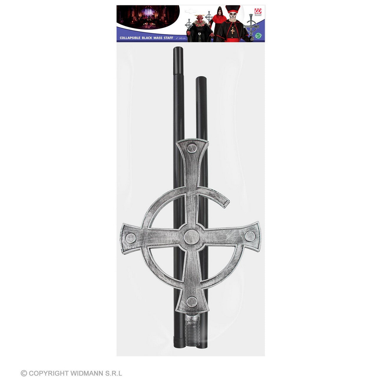 Op deze afbeelding zie je een Accessoires, van het merk Widmann. Inklapbare Wandelstok Zilverkruis, 145 Centimeter