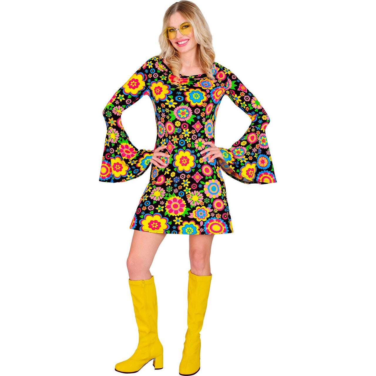 Op deze afbeelding zie je een Kostuums, van het merk Widmann. So Into The 60s Jurk Flower Love Vrouw