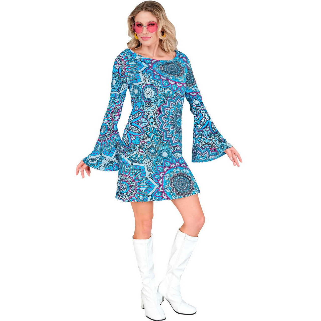Op deze afbeelding zie je een Kostuums, van het merk Widmann. Super 60s Mandala Blue Jurk Vrouw