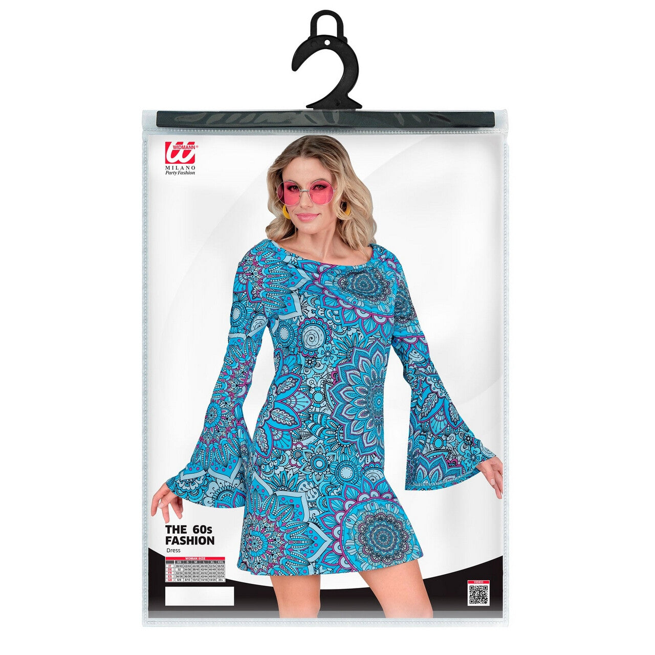 Op deze afbeelding zie je een Kostuums, van het merk Widmann. Super 60s Mandala Blue Jurk Vrouw