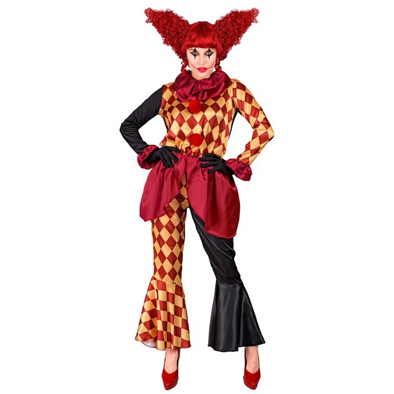 Op deze afbeelding zie je een Kostuums, van het merk Widmann. Hester Jester Horror Clown Vrouw Kostuum