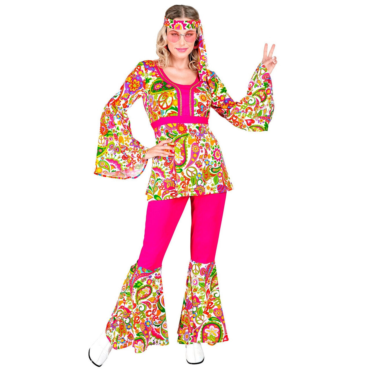 Op deze afbeelding zie je een Kostuums, van het merk Widmann. Paisley Peace Hippie Jaren 60 Style Vrouw Kostuum