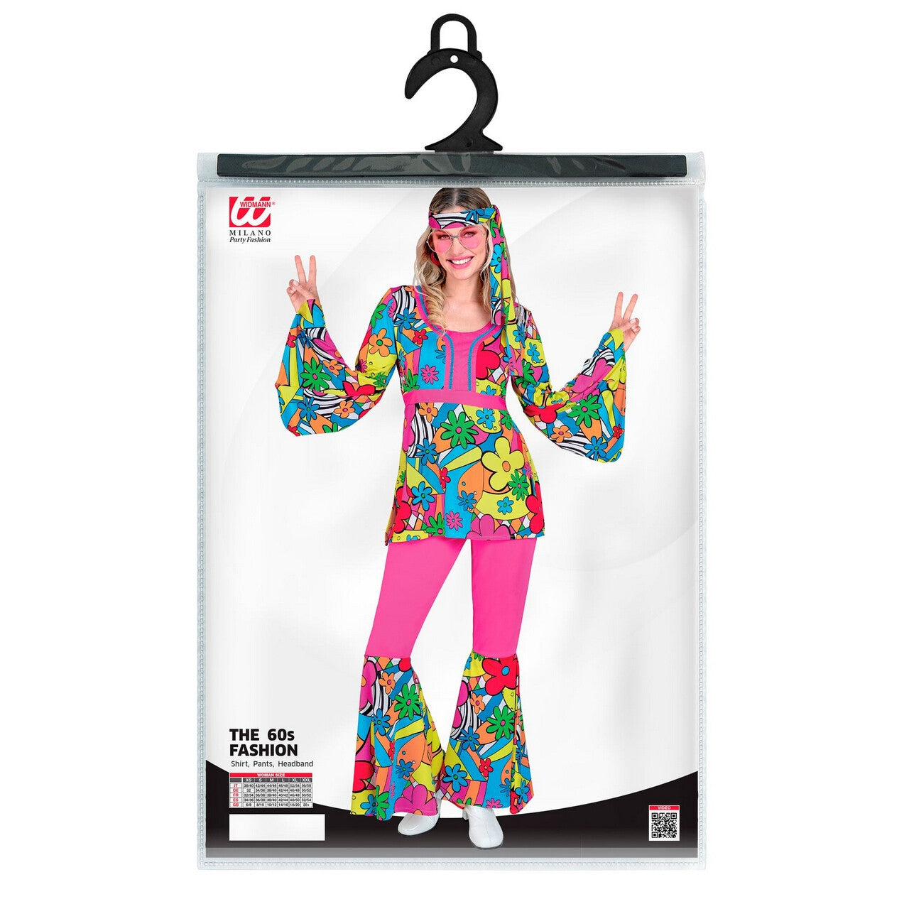 Op deze afbeelding zie je een Kostuums, van het merk Widmann. Happy Flower Hippie Jaren 60 Style Vrouw Kostuum