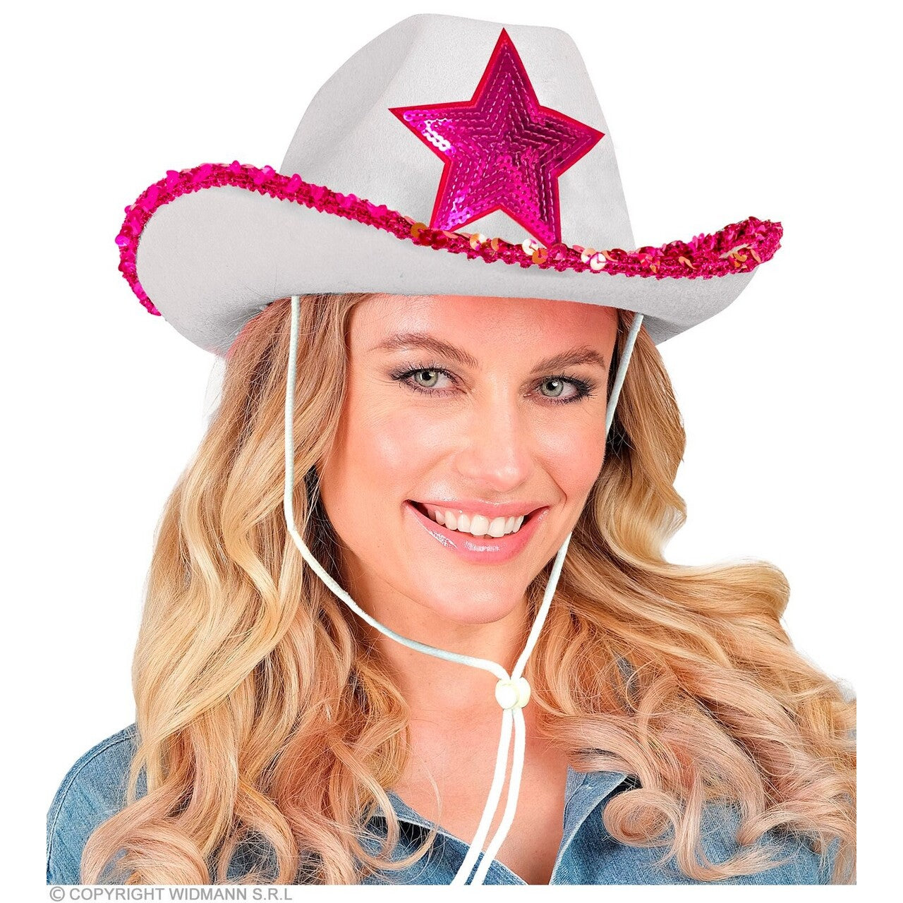 Op deze afbeelding zie je een Accessoires, van het merk Widmann. Cowboyhoed Wit Party Girl Met Roze Pailletten Ster