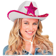 Op deze afbeelding zie je een Accessoires, van het merk Widmann. Cowboyhoed Wit Party Girl Met Roze Pailletten Ster