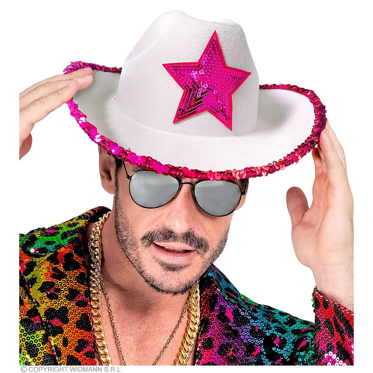 Op deze afbeelding zie je een Accessoires, van het merk Widmann. Cowboyhoed Wit Party Girl Met Roze Pailletten Ster