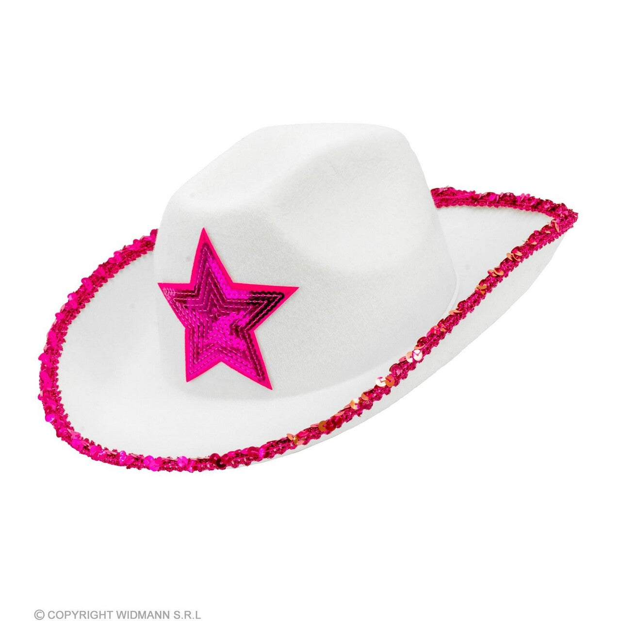 Op deze afbeelding zie je een Accessoires, van het merk Widmann. Cowboyhoed Wit Party Girl Met Roze Pailletten Ster